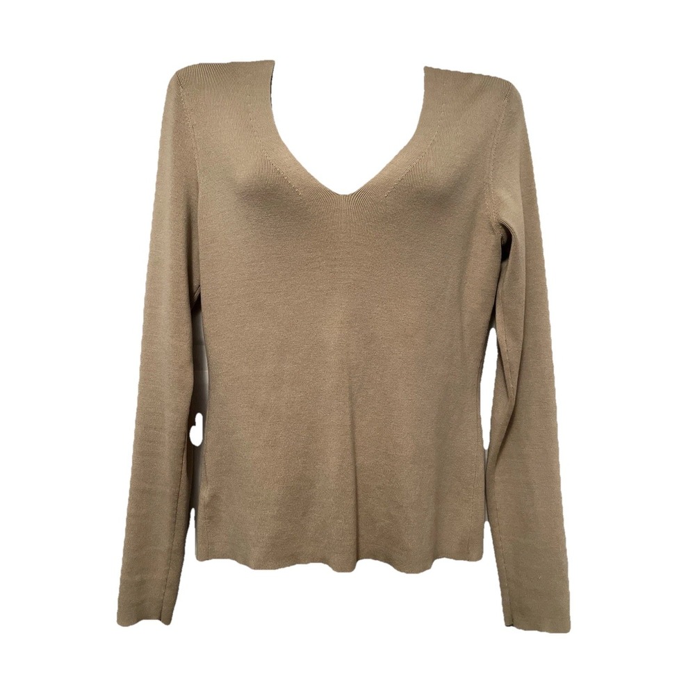 Ann Taylor LOFT Blouse XS Beige Knit V-Neck Long Sleeve Pullover Casual